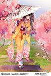 black_hair cherry_blossoms ezu_(leejiyu) grass hair_ornament holding japanese_clothes kimono long_hair looking_at_viewer oriental_umbrella pink_eyes qurare_magic_library solo torii umbrella 