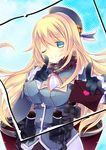  ;) atago_(kantai_collection) beret blonde_hair blue_eyes gloves hat kantai_collection letter long_hair love_letter natsu_dora one_eye_closed pointing smile uniform 