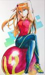  ahn_dongshik arms_up ball blue_eyes exercise_ball leggings long_hair long_legs neon_genesis_evangelion number shoes simple_background sitting sitting_on_object sneakers solo souryuu_asuka_langley stretch 