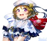  1girl :d artist_name bangs blonde_hair blush capelet commentary_request eyebrows_visible_through_hair flag frilled_gloves frills gloves hands_up hat holding holding_flag koizumi_hanayo looking_at_viewer love_live! love_live!_school_idol_project marshall_(wahooo) open_mouth purple_eyes shirt sidelocks simple_background smile solo star upper_body white_background white_capelet white_gloves white_hat white_shirt wrist_cuffs 