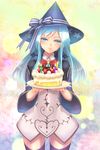  aqua_eyes aqua_hair cake fantasy_earth_zero food hat highres long_hair ryouku solo thighhighs witch_hat 