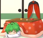  antennae blush cape closed_eyes cup food fruit green_hair kotatsu long_sleeves mandarin_orange short_hair sleeping solo table teacup teoi_(good_chaos) touhou wriggle_nightbug 