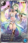  age_of_ishtaria bare_shoulders breasts character_name cleavage green_hair long_hair medium_breasts navel open_mouth pink_eyes sky solo standing standing_on_one_leg 