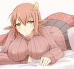  ayyh bad_id bad_pixiv_id bangs breasts covered_nipples hair_ornament hairclip lamia large_breasts long_hair long_sleeves looking_at_viewer lying miia_(monster_musume) monster_girl monster_musume_no_iru_nichijou on_bed on_stomach pillow pleated_skirt pointy_ears red_hair ribbed_sweater scales simple_background skirt smile solo sweater turtleneck white_background yellow_eyes 