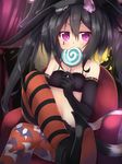  amano_kouki animal_ears black_gloves black_hair candy cat_ears crossed_legs elbow_gloves food gloves halloween hat holding lollipop long_hair looking_at_viewer midriff multiple_tails note-chan original purple_eyes shoes sitting solo striped striped_legwear tail thighhighs twintails witch_hat 