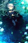  afloat barefoot black_dress closed_eyes cross cross_necklace dress facing_viewer flower hands_clasped highres jewelry lily_pad long_hair lotus necklace ophelia_(painting) own_hands_together parted_lips partially_submerged solo sunakumo white_hair 