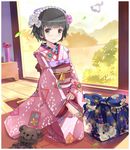  black_hair green_eyes hairband highres ikoku_meiro_no_croisee japanese_clothes jojofon kimono lolita_hairband looking_at_viewer petals short_hair sitting smile solo stuffed_animal stuffed_toy teddy_bear teruterubouzu wide_sleeves wind yune_(ikoku_meiro_no_croisee) 