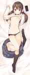  aihara_shouta bare_legs barefoot black_bra black_legwear black_panties blush book bra breasts brown_hair cellphone clothes_lift dakimakura full_body highres lace lace-trimmed_panties long_hair long_sleeves looking_at_viewer lying navel nipples no_bra on_back open_book open_clothes open_shirt original panties phone pleated_skirt school_uniform shirt shirt_lift single_sock skirt skirt_removed small_breasts socks solo sweater sweater_lift twintails underwear 