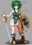  breasts butcha-u dragon_quest dragon_quest_iv eroquis green_hair heroine_(dq4) heroine_(dqiv) large_breasts shield simple_background smile sword translation_request weapon 
