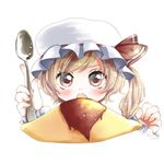  blonde_hair blush bow fang flandre_scarlet food hat hat_bow omurice red_eyes side_ponytail solo spoon touhou umi_(umi02) 