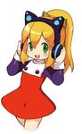  axent_wear blonde_hair blush buttons cat_ear_headphones dress green_eyes hair_ribbon headphones long_hair long_sleeves looking_at_viewer miyata_(lhr) ponytail puffy_long_sleeves puffy_sleeves red_dress ribbon rockman rockman_(classic) roll sidelocks solo 