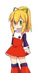  blonde_hair blush boots buttons dress frills green_eyes hair_ribbon long_hair long_sleeves looking_at_viewer miyata_(lhr) ponytail puffy_long_sleeves puffy_sleeves red_dress ribbon rockman rockman_(classic) roll sidelocks solo 