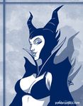  2012 bra breasts commentary commentary_typo english_commentary eyelashes horns large_breasts looking_at_viewer maleficent monochrome pablocomics parted_lips signature sleeping_beauty smile solo underwear watermark web_address 