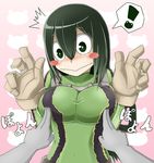  ! /\/\/\ 1girl asui_tsuyu black_hair blush blush_stickers boku_no_hero_academia breast_poke breasts female gloves green_eyes highres jumpsuit large_breasts long_hair poking solo_focus speech_bubble 