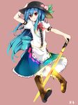  :q amano_kouki blue_hair boots full_body hand_on_headwear hat highres hinanawi_tenshi holding long_hair looking_at_viewer red_eyes simple_background smile solo sword sword_of_hisou tongue tongue_out touhou v-shaped_eyebrows weapon 