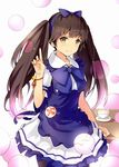  bad_id bad_pixiv_id bow brown_eyes brown_hair hairband index_finger_raised jojofon long_hair looking_at_viewer original pointing pointing_up purple_bow purple_hairband school_uniform smile solo twintails 