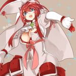  :d ahoge blue_eyes blush_stickers bow bra bracelet breasts bridal_veil cleavage clover cravat dress elphelt_valentine four-leaf_clover guilty_gear guilty_gear_xrd hairband hyakuhachi_(over3) jewelry large_breasts long_sleeves looking_at_viewer open_mouth pink_bow puffy_long_sleeves puffy_sleeves red_bra red_hair short_hair smile solo sparkle spikes twitter_username underwear veil white_dress 