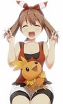  bandana bike_shorts blush brown_hair closed_eyes double_v gen_3_pokemon hair_ribbon haruka_(pokemon) hat open_mouth pokemon pokemon_(creature) pokemon_(game) pokemon_oras ribbon samegami shirt short_hair short_shorts shorts sidelocks sitting sleeveless sleeveless_shirt smile tank_top torchic v 