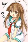  ahoge artist_name bangs blouse blunt_bangs blush brown_eyes brown_hair fang highres huge_ahoge kantai_collection kuma_(kantai_collection) long_hair neckerchief open_mouth sailor_collar school_uniform serafuku shorts sitting solo toki/ 