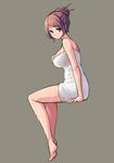 arm_support back bangs bare_shoulders barefoot blue_eyes breasts brown_hair from_side full_body grey_background hair_bun hair_ornament hair_stick hand_on_breast large_breasts light_smile looking_at_viewer looking_back mole mole_under_eye naked_towel parted_bangs saiste short_hair sideboob simple_background sitting smile soles solo swept_bangs tiptoes towel wet 