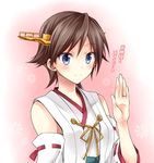  bare_shoulders blue_eyes brown_hair close-up detached_sleeves flipped_hair hairband headgear hiei_(kantai_collection) japanese_clothes jewelry kantai_collection kubyou_azami nontraditional_miko remodel_(kantai_collection) ring short_hair smile solo translated upper_body wedding_band 