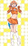  :3 boots cosplay crop_top gloves headset hoshizora_rin love_live! love_live!_school_idol_project midriff navel open_mouth orange_gloves orange_hair short_hair skirt solo space_channel_5 thigh_gap ulala ulala_(cosplay) v-shaped_eyebrows yurikawa 