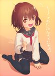  :d bad_id bad_pixiv_id black_legwear brown_eyes brown_hair hair_ornament hairclip highres ikazuchi_(kantai_collection) kantai_collection looking_at_viewer open_mouth pleated_skirt school_uniform serafuku short_hair sitting skirt smile soe solo thighhighs translation_request v-shaped_eyebrows wariza 