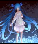  1girl absurdly_long_hair absurdres ahoge bad_id bad_pixiv_id barefoot blue_eyes blue_hair clothes_in_front collarbone dress floral_background hair_ribbon hatsune_miku highres legs letterboxed long_hair long_sleeves looking_at_viewer ribbon shirt skirt smile solo standing topless twintails very_long_hair vocaloid white_shirt white_skirt 