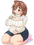  bad_id bad_pixiv_id banned_artist blush breasts brown_hair cleavage cleavage_cutout eno_konoe eyebrows fat large_breasts meme_attire mikomu miniskirt open-chest_sweater open_mouth original red_eyes ribbed_sweater seiza short_hair sitting skirt socks solo sweater thick_eyebrows thick_thighs thighs turtleneck 