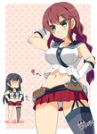  :&lt; agano_(kantai_collection) black_hair braid breasts brown_hair gloves green_eyes highres imu_sanjo kantai_collection large_breasts long_hair miniskirt multiple_girls navel noshiro_(kantai_collection) panties pantyshot pantyshot_(standing) pleated_skirt single_braid single_thighhigh skirt standing thighhighs translated underwear weight_conscious white_gloves white_panties 