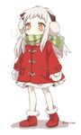  alternate_costume coat earmuffs full_body horns kantai_collection long_hair mittens motohara_moka northern_ocean_hime orange_eyes scarf shinkaisei-kan shoes silver_hair simple_background solo twitter_username white_background white_skin winter_clothes winter_coat 