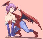 1girl all_fours arm_support bare_shoulders bat_wings blush breasts cleavage collarbone female high_heels leotard lilith_aensland looking_at_viewer open_mouth pink_hair red_eyes short_hair simple_background solo vampire_(game) wings you_(maumauyo) 