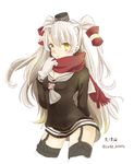  amatsukaze_(kantai_collection) dress hair_tubes hairband highres kantai_collection long_hair looking_at_viewer motohara_moka sailor_dress scarf short_dress silver_hair simple_background solo thighhighs two_side_up white_background yellow_eyes zettai_ryouiki 