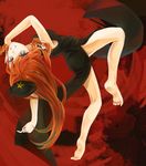  ass backflip bare_legs barefoot blue_eyes bow braid breasts china_dress chinese_clothes choker dress error hair_bow hat headwear_removed highres hong_meiling legs long_hair medium_breasts red_background red_hair rikapo sleeveless smile solo star teeth thighs touhou twin_braids upside-down wrong_feet 