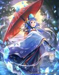  :d animal_ears blue_eyes blue_hair dragon's_shadow fox_ears full_moon hair_ornament highres holding japanese_clothes kimono layered_clothing layered_kimono long_hair looking_at_viewer moon official_art open_mouth oriental_umbrella original shawl smile snowman solo tree umbrella very_long_hair virus_(obsession) wind 