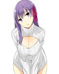  breasts cleavage_cutout fate/stay_night fate_(series) hair_ribbon huge_breasts long_hair looking_at_viewer matou_sakura meme_attire open-chest_sweater purple_eyes purple_hair q_(a72pgc) ribbed_sweater ribbon simple_background solo sweater turtleneck white_background 
