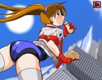  1girl artist_request ass blue_eyes blush brown_hair flag food gloves jacket leotard looking_back namco numan_athletics sharon_(numan_athletics) thighhighs toast twintails 