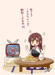  &gt;_&lt; 1girl :&lt; akagi_(kantai_collection) antennae arms_up blush_stickers box brown_eyes brown_hair cameo closed_eyes croquette cushion dish drooling food highres imu_sanjo japanese_clothes kantai_collection long_hair mikan_box muneate naka_(kantai_collection) no_nose open_mouth rice seiza signature sitting solo sparkle symbol-shaped_pupils table tatami television translation_request triangle_mouth zabuton 