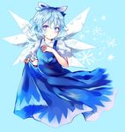  blue_dress blue_eyes blue_hair bow cirno dress dress_lift hair_bow highres ice ice_wings looking_at_viewer puffy_short_sleeves puffy_sleeves shirt short_sleeves solo touhou uranaishi_(miraura) wings 