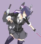  cardigan eyepatch gloves grin kantai_collection kubyou_azami left-handed necktie purple_hair short_hair smile solo sword tenryuu_(kantai_collection) turret weapon yellow_eyes 