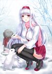  bunny hairband hakama_skirt japanese_clothes kantai_collection long_hair mafuyu shoukaku_(kantai_collection) snow snow_bunny statue thighhighs white_hair yellow_eyes 