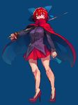  bangs blouse blue_background bow cape covered_mouth full_body hair_bow high_collar high_heels highres holding holding_sword holding_weapon impaled long_sleeves melon22 no_pupils rapier red_eyes red_footwear red_hair red_skirt sekibanki shirt shoes short_hair skirt solo standing sword touhou weapon 