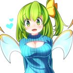  alternate_costume arms_behind_back bad_id bad_pixiv_id blush bow breasts cleavage cleavage_cutout commentary daiyousei fairy_wings green_eyes green_hair hair_bow heart large_breasts long_sleeves meme_attire oimo_(imoyoukan) open-chest_sweater open_mouth ribbed_sweater side_ponytail smile solo sweater touhou turtleneck wings 