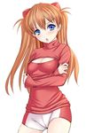  alternate_costume bike_shorts blue_eyes blush breasts cleavage_cutout hayami_kyuuen long_hair medium_breasts meme_attire neon_genesis_evangelion open-chest_sweater open_mouth orange_hair simple_background solo souryuu_asuka_langley sweater white_background 