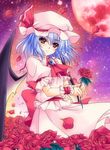  aoi_hiro ascot bat_wings blue_hair flower hat holding looking_at_viewer mob_cap moon orange_eyes petals red_moon remilia_scarlet rose short_hair smile solo touhou wind wings wrist_cuffs 