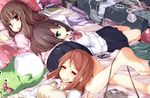  =_= barefoot brown_hair cellphone closed_eyes dress_shirt earphones eyebrows green_eyes head_on_back houjou_karen idolmaster idolmaster_cinderella_girls kamiya_nao long_hair looking_at_viewer looking_back lying multiple_girls natsu_(anta_tte_hitoha) no_cardigan on_back on_bed on_stomach open_mouth phone pina_korata rectangular_mouth red_eyes school_uniform shibuya_rin shirt skirt sleeping sleeping_on_person smartphone stuffed_animal stuffed_toy sweater_vest triad_primus 