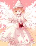 blonde_hair capelet dress fairy fairy_wings hat lily_white long_sleeves open_mouth petals pink_eyes sash smile solo touhou uranaishi_(miraura) white_dress wings 