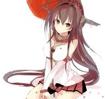  :t bare_shoulders between_thighs breasts brown_eyes brown_hair edogawa_nao headgear highres kantai_collection large_breasts long_hair looking_at_viewer miniskirt oriental_umbrella pleated_skirt pout red_umbrella sitting skirt solo umbrella v_arms very_long_hair white_background yamato_(kantai_collection) 
