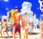  beach bikini blue_hair blurry cloud cup day depth_of_field disposable_cup drink drinking drinking_straw food frilled_skirt frills highres holding holding_hands holding_sword holding_weapon horizon innertube jewelry kagami_taiga kuroko_no_basuke kuroko_tetsuya multiple_boys necklace okada_(okada_zari) otoko_no_ko outdoors red_hair sand short_hair skirt sky sunlight swimsuit sword walking water weapon white_bikini 