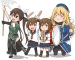  asymmetrical_legwear atago_(kantai_collection) blonde_hair blush brown_eyes brown_hair closed_eyes drum drumsticks hair_ribbon ikazuchi_(kantai_collection) inazuma_(kantai_collection) instrument kantai_collection long_hair multiple_girls open_mouth pantyhose pelvic_curtain plump remodel_(kantai_collection) ribbon shide single_thighhigh skirt thighhighs tone_(kantai_collection) twintails walking white_ribbon youkan 